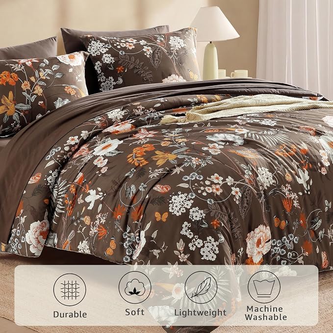 Queen Comforter Set - 7 Pieces Soft Floral Bed in a Bag Queen Bedding Sets | Brown Botanical Flowers Comforter Set with Sheets, Pillowcases & Shams for All Seasons