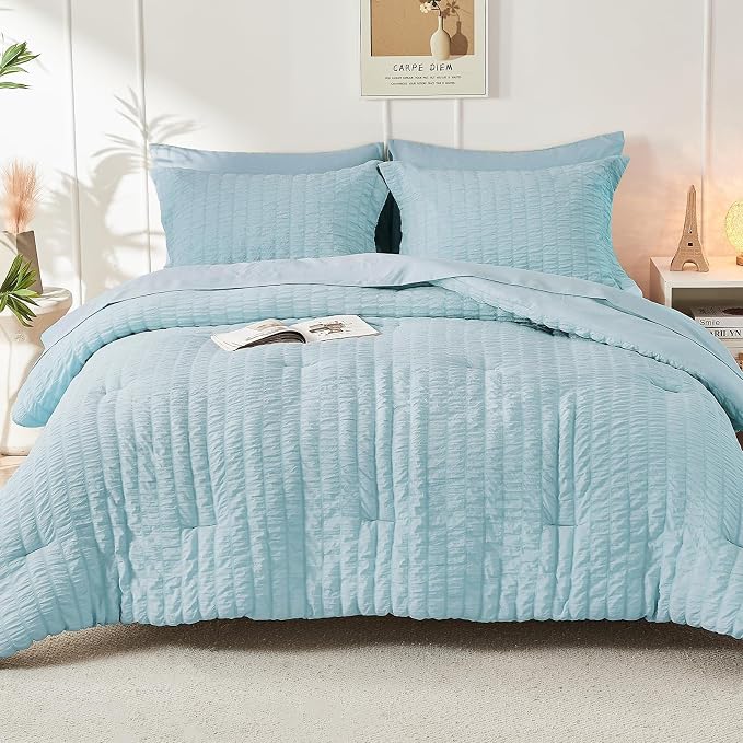 HYMOKEGE Lake Blue California King Comforter Set Seersucker 7 Pieces, All Season Luxury Bed in a Bag for Bedroom, Bedding Set with Comforters, Sheets, Pillowcases & Shams