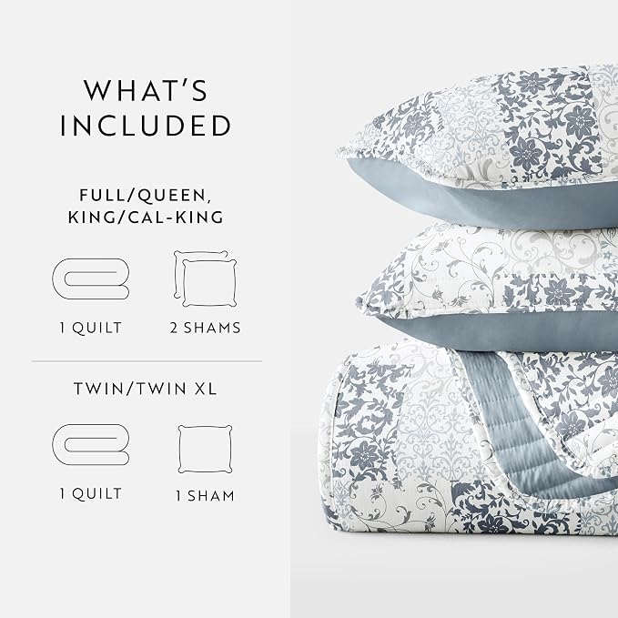 Merit Linens Soft Quilt Coverlet Bedding Set - Pattern/Solid Reversible - King/Cal-King Dusk Blue