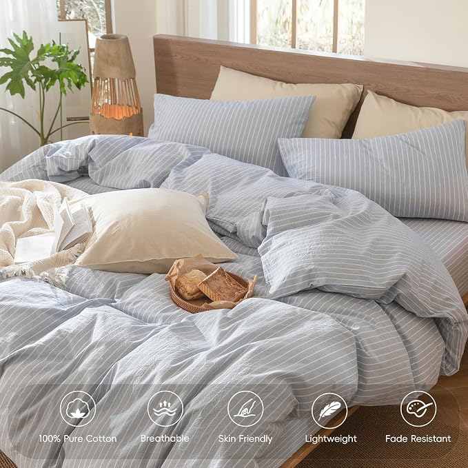 MooMee Striped Duvet Cover Set 100% Washed Cotton Linen Like Twin | Relaxed Linen-like Texture. Soft, Breathable & Long-lasting Comfort. Lightweight. Hidden Zipper with 8 Interior Corner Ties