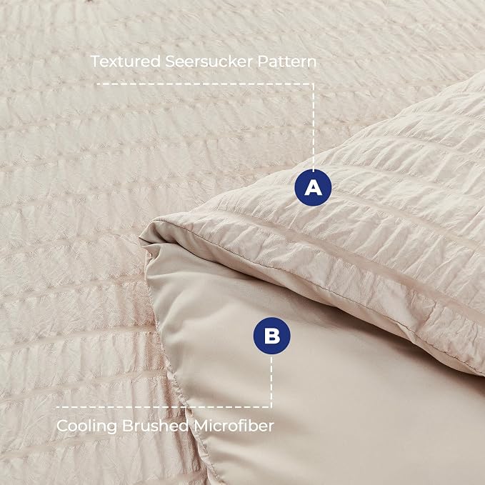HYMOKEGE Beige Queen Comforter Set Seersucker 7 Pieces, All Season Luxury Bed in a Bag for Bedroom, Bedding Set with Comforters, Sheets, Pillowcases & Shams