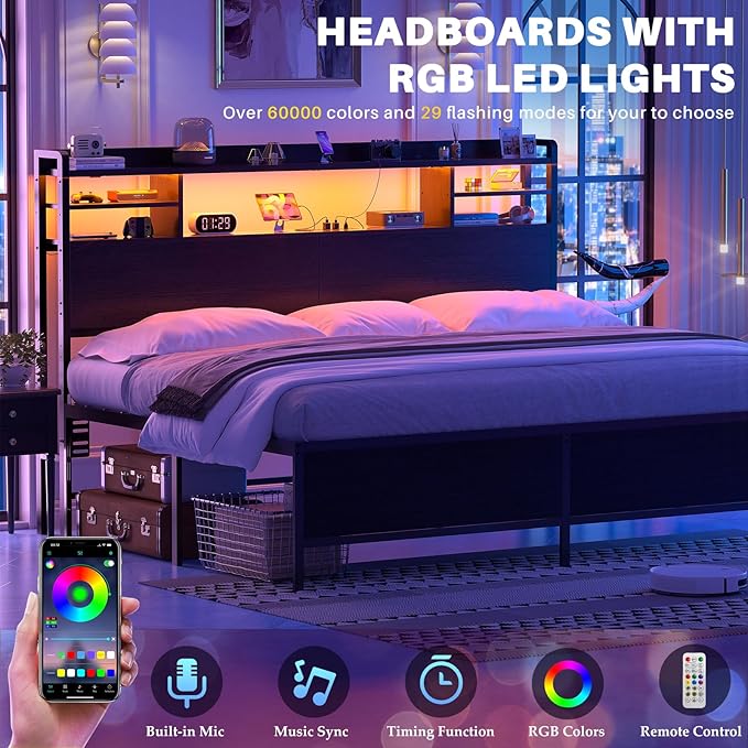 Aheaplus Headboard for Queen Size Bed with Storage, Rustic Brown | Headboards with LED Light, Power Outlets, USB Ports Queen Size Head Board, Wood headboard Only Sturdy and Stable Headboards