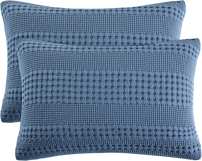 PHF 100% Cotton Waffle Pillow Shams Queen Size, 2 Pack 20" x 30" Soft Skin-Friendly Pillowcases, No Filling, Aesthetic Woven and Breathable Waffle Weave Pillow Case Covers for Bed, Denim Blue