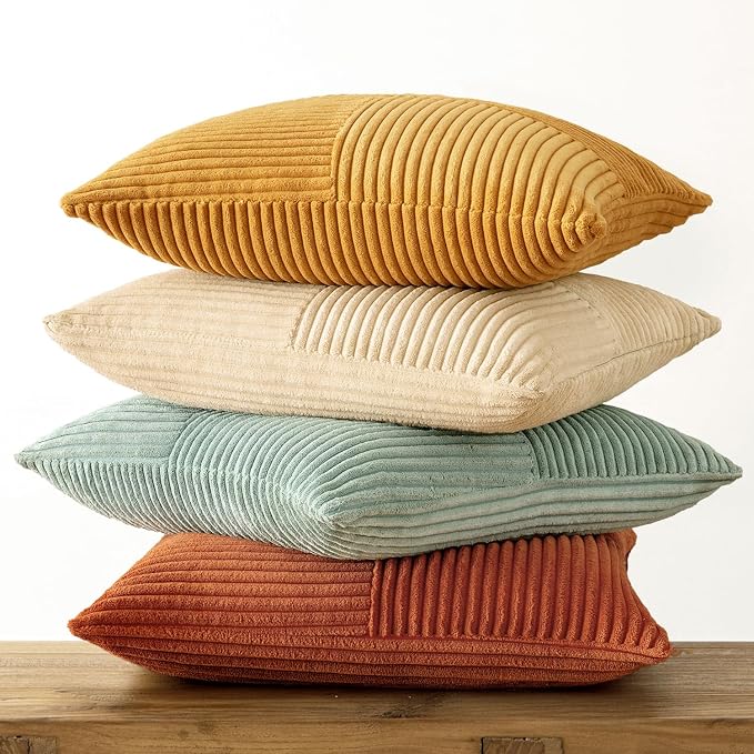 MIULEE Fall Teal-Orange Decorative Throw Pillow Covers 20x20 Inch Set of 4 Boho Corduroy Striped Cushion Cases Modern Farmhouse Patchwork Pillow Cases for Couch Sofa Bedroom Home Decor