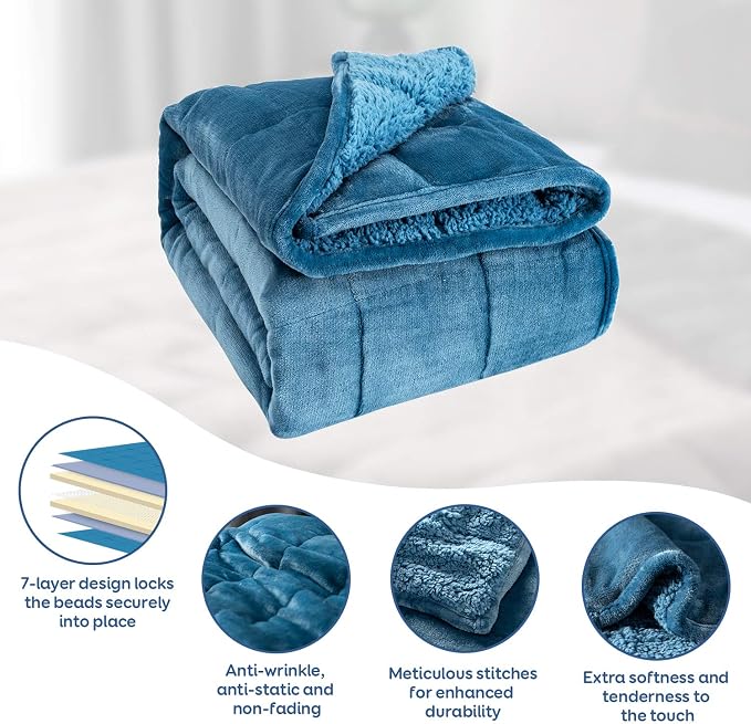 Cottonblue Sherpa Weighted Blanket for Adults 15 lbs Twin Size Soft Fleece | Warm Flannel Weighted Blankets Throw 48x72in, Cozy Fuzzy Bed Couch Heavy Blanket for Sleep Calm Relax, Washable, Slate Blue