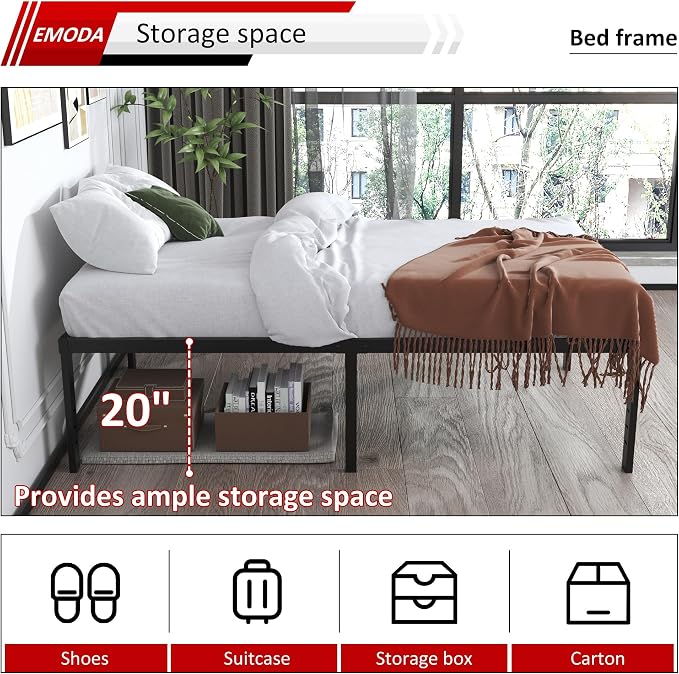 EMODA 20 Inch Twin Bed Frame No Box Spring Needed | Heavy Duty Tall Metal Twin Platform Bed Frames with Large Storage Space, Noise Free, Easy Assembly, Black