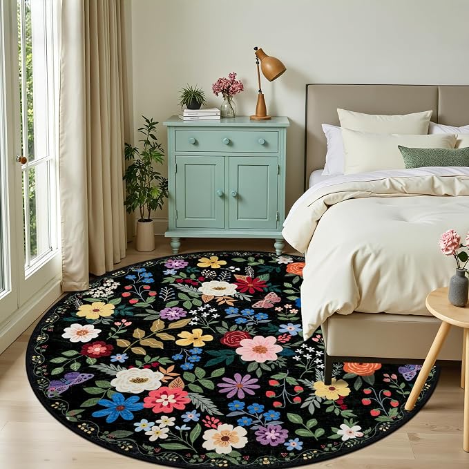 PLHXFR Round Area Rug Living Room: 8 ft Floral Washable Soft Carpet Black | For Bedroom Dining Room Farmhouse Nursery Hallway,Vintage Floral,Machine washable,Non Slip,Stain Resistant,Large Indoor