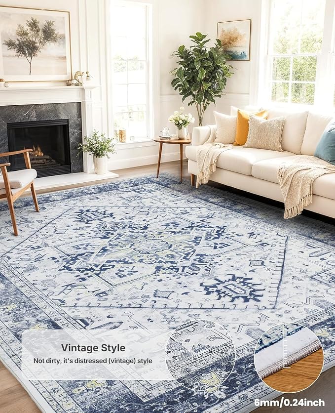AMADA HOMEFURNISHING Washable Area Rug, Low-Profile Large Area Rug with Non-Slip Backing & Durable Edge Binding, Vintage Large Rugs for Living Room, Bedroom, Dinning Room, 8x10, Navy Blue/White
