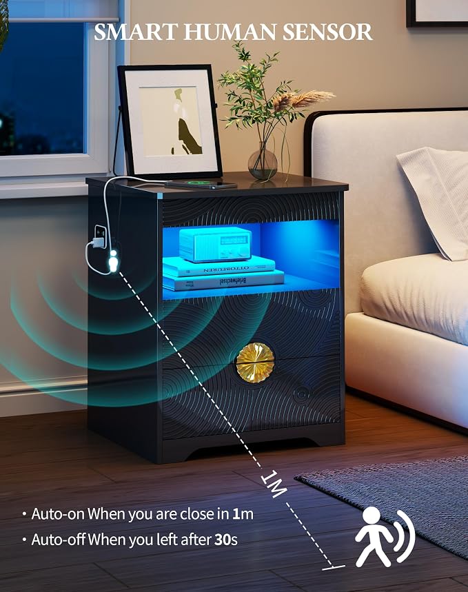 FREDEES LED Nightstand Set 2 with Gun Drawer & Charging Station | 3-Color Lights & Human Body Sensor, Smart Charger Station, 2 DrawersHidden Storage, End Table Bedroom Livingroom