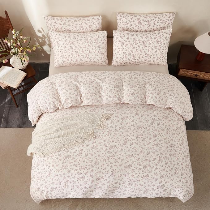 Floral Queen Size Comforter Set Soft 3 Pieces Chic Garden Style Vintage Floral Print Botanical Comforter for All Seasons Luxury Warmth Comfy Breathable with 2 Pillowcases