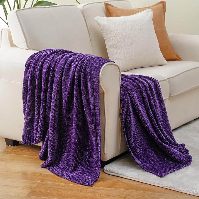 Chenille Throw Blanket for Couch Bed, Purple Knit Throw Blanket 51"x67" | Shiny Chenille Blanket, Super Soft Knitted Blankets for Sofa Home Decor