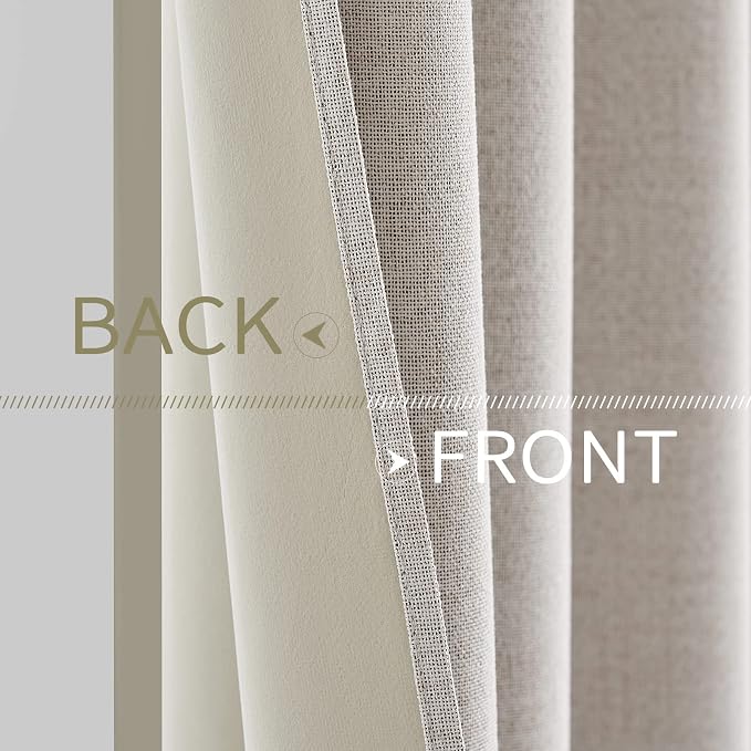 MIULEE 100% Blackout Linen Curtains for Bedroom 52x94 Inches Ivory | Room Darkening, Light Blocking, Thermal Insulated, Grommet Top, Linen Textured, Window Curtains for Living Room, 2 Panels