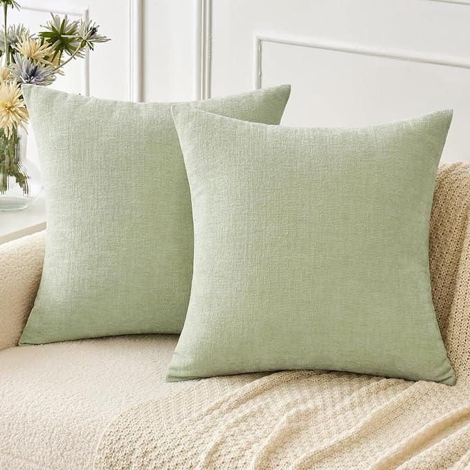 MIULEE Soft Chenille Throw Pillow Covers Light Green 18x18 Inch Pack of 2 | Modern Home Decor, Classic Decorative Pillows, Solid Dyed Cases, Boho Couch Cushion Covers for Sofa Bed Living Room
