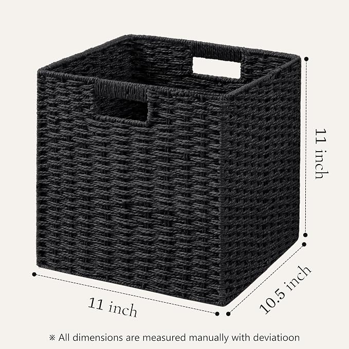 UBBCARE 2 Pack Wicker Basket, 11L×11H×10.5W inch Woven Paper Rope Storage Baskets for Shelves, Foldable Cube Storage bin with Handle, Storage Basket for Organizing & Decor, Black