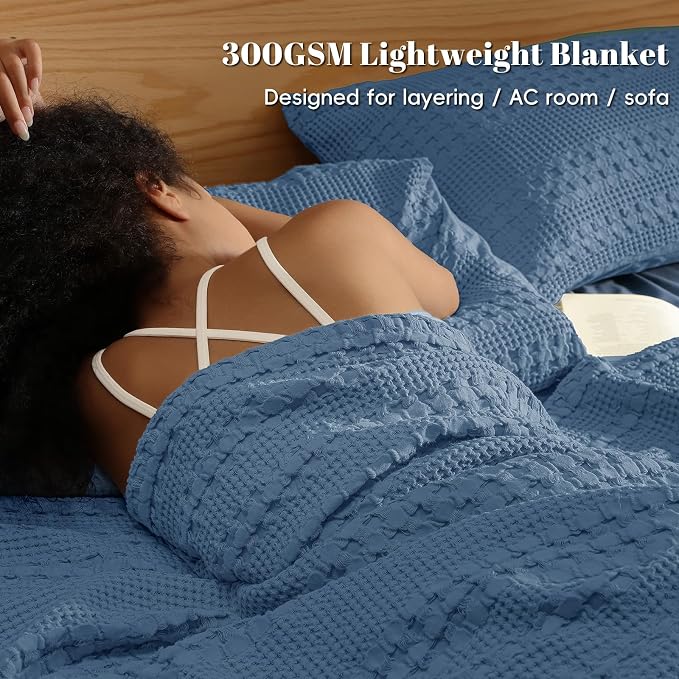 PHF Lightweight 100% Cotton Waffle Throw Blanket for Couch, Denim Blue | Pre-Washed Soft Cotton Comfort, Breathable Layering Warmth for Fall & Winter, Office, Travel, Sofa, Home Decor & Gifts