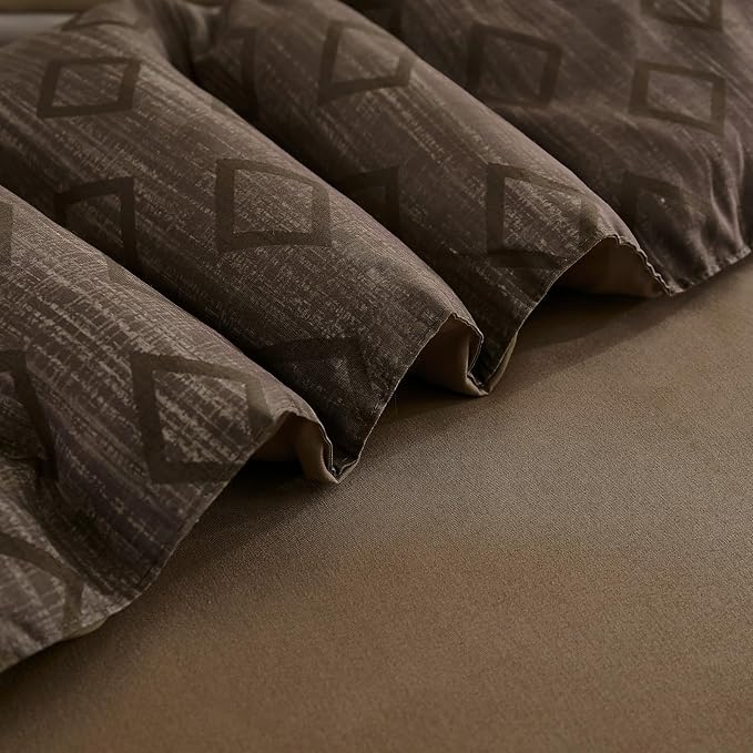Cottolester Boho Fall Comforter Set Queen Size,Striped Bed in a Bag | Light Brown Plaid Comforter Set,7 Piece Soft Microfiber Bedding Sets