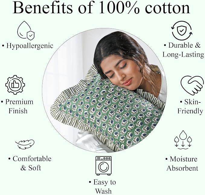 Ridhi Block Print Basil Green Ruffle Lumbar Pillow Shams, 20" x 12" | 100% cotton, Floral Pillowcase, Cushion Cover, Hidden Zipper, Cottagecore Bedding, farmhouse boho style, fits couch, sofa,Bed