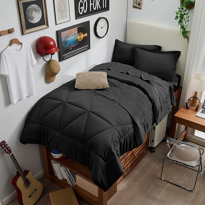 BEDELITE Twin XL Comforter Set 5 Pieces, Solid Black Bed in A Bag | Soft All Season Down-Alternative Comforter, Sheets, Pillowcases & Shams, OEKO-TEX Certified Bedding for Drom Room, College