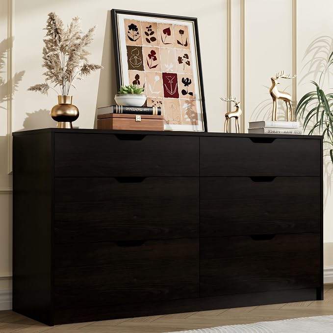 YESHOMY Dresser for Bedroom, 47.2" Modern Wood Chest with 6 Drawers | Two Drawer Sizes, Anti-Tip, Storage Cabinet & TV Stand for Living Room, Closet, Entryway, Brown