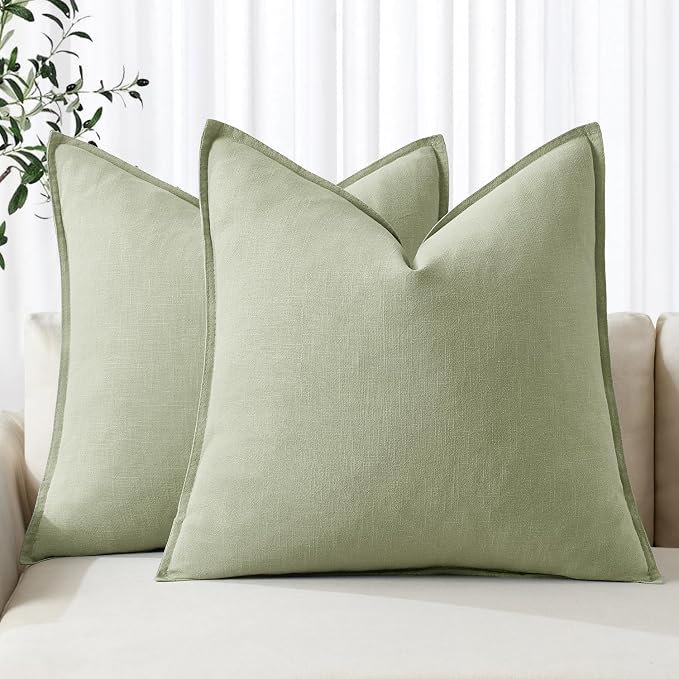 MIULEE Decorative Linen Pillow Covers 18x18 Inch Light Green | Boho Farmhouse Neutral Couch Throw Pillows for Bed, Pack of 2 Accent Modern Pillowcases, Sofa Livingroom Home Decor