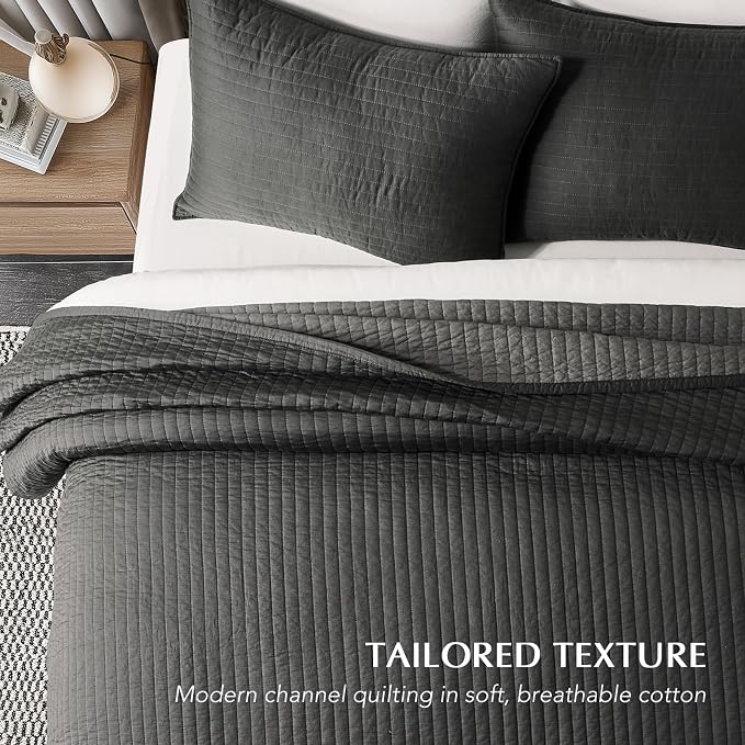 EVERGRACEHOME Cotton Sateen Quilt Set, Queen Size, Washed Black | 100% Cotton, Channel Stitch Coverlet Bedspread, Pre-Washed Lightweight Soft Bedding Set for All Season, 3 Piece, with 2 Shams