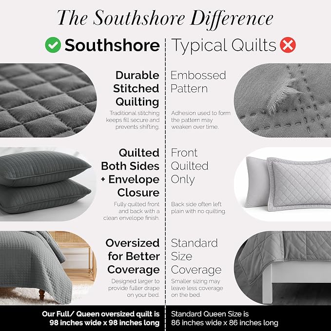 Southshore Fine Living, Inc. Summer Bedspreads Queen Size Set, Full/Queen Quilt Bedspread with 2 Matching Pillow Shams, Soft Microfiber Quilt Set, Lightweight Quilts Coverlet, Slate Grey Quilts