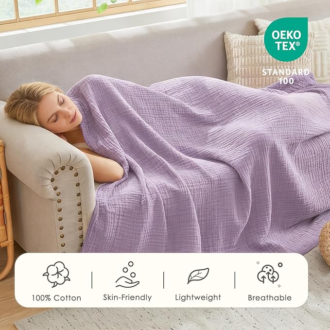 EMME Cotton Blanket Queen Size for Bed Soft Large Muslin Bed Blankets 90"x90" Lightweight Breathable All Season Gauze, Lavender