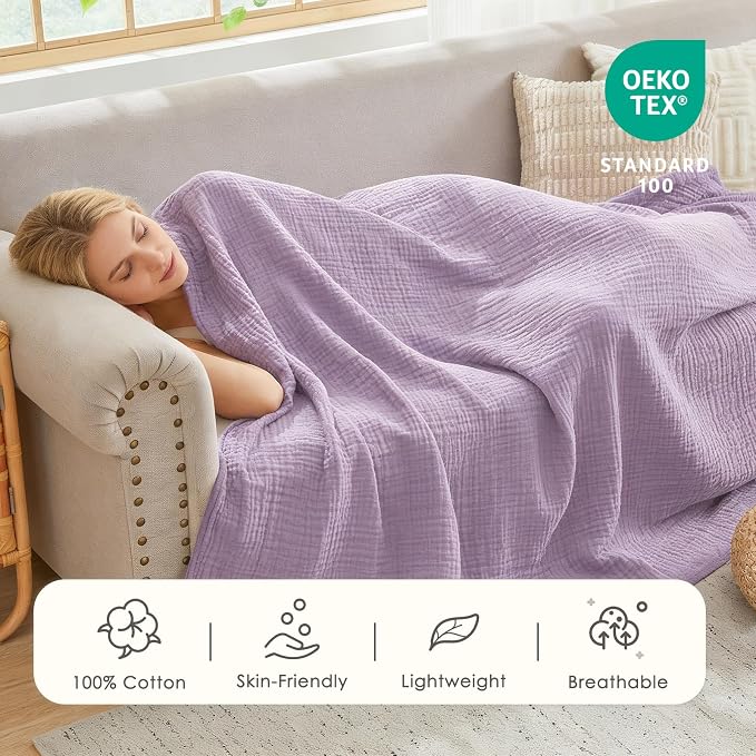 EMME Muslin Blankets for Adults Throw Blanket for Couch Breathable Gauze Soft Lightweight Airy Lavender Twin XL 66" x 90"