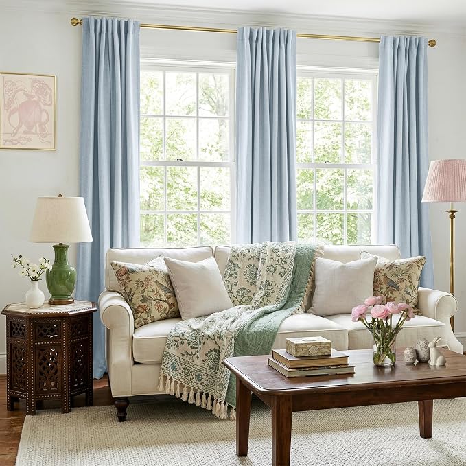 Faux Linen Total Blackout Curtains for Bedroom 84 Inch Long Chambray Blue | 100% Blackout Shield, Back Tab/Rod Pocket Living Room Drapes, Thermal Insulated Blackout Curtains 2 Panels Set, 50"W x 84"L