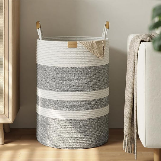 Nunsino 95L Striped Laundry Hamper with Leather Handles,Large Foldable Laundry Basket for Clothes,Cotton Rope Storage Bin for Blankets,Woven Clothes Basket for Bedroom,Gray Stripes