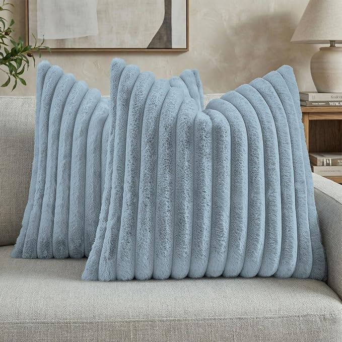 FUTEI Pack of 2 Faux Fur Throw Pillow Covers 22x22 Inch, Dusty Blue | Fluffy Faux Rabbit Fur Front/Premium Velvet Back,Hidden Zipper,Machine Washable,Non-Shedding,Colorfast,Insert Not Included.