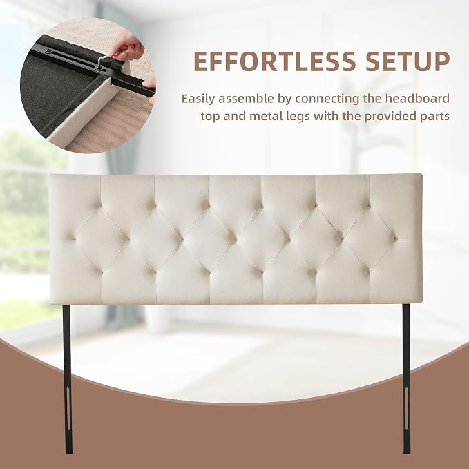 Linen Headboard King Size, Adjustable Height Headboard 37-51 in, Beige | Diamond Tufting Solid Wood King Headboards, Durable Metal Legs, Upholstered King Head Board for Bed Frame, Modern Fabric