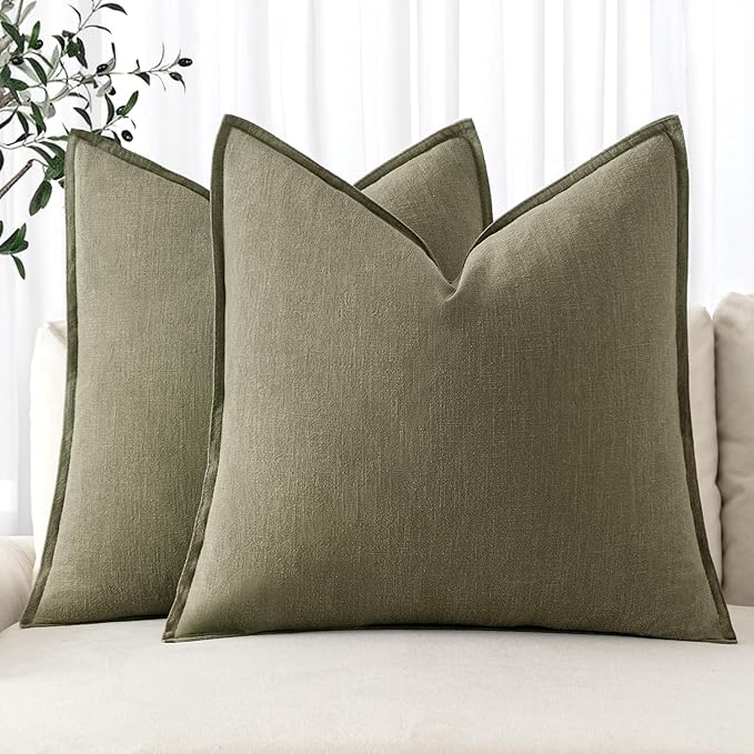 MIULEE Decorative Linen Pillow Covers 20x20 Inch Light Olive Green | Boho Farmhouse Neutral Couch Throw Pillows for Bed, Pack of 2 Accent Modern Pillowcases, Sofa Livingroom Home Decor