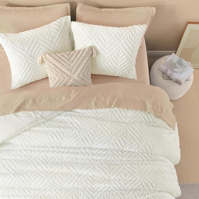 Litanika Queen Size Comforter Set, 3 Pieces Ivory Tufted Boho Bedding Set | Farmhouse Shabby Chic Vintage Bohemian Textured Aesthetic Soft Fluffy Lightweight Breathable All Season Bed Set for Queen Bed