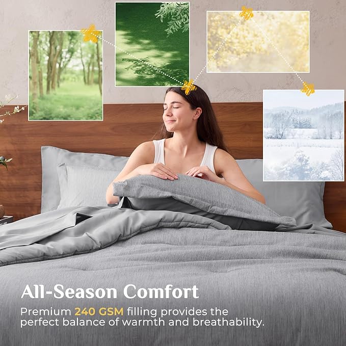 JOLLYVOGUE Grey Full Comforter Set, Cationic Dyeing Bed in a Bag Full 7 Pieces, Double-Tone Bedding Set with Down Alternative Comforter, Sheets, Pillowcases & Shams