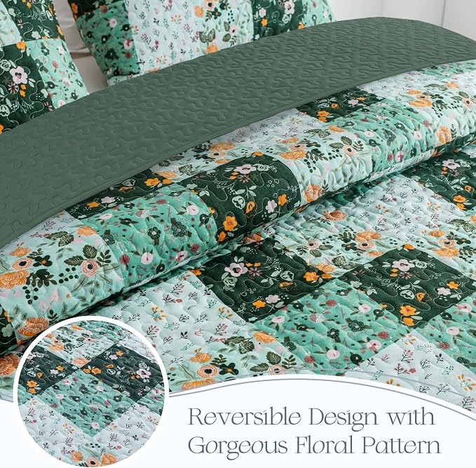 Exclusivo Mezcla Reversible Boho Quilt King Size Green | Lightweight Soft Bedspreads, All Season Patchwork Coverlet Bedding Set, Printed Floral Pattern, 1 Quilt and 2 Pillow Shams