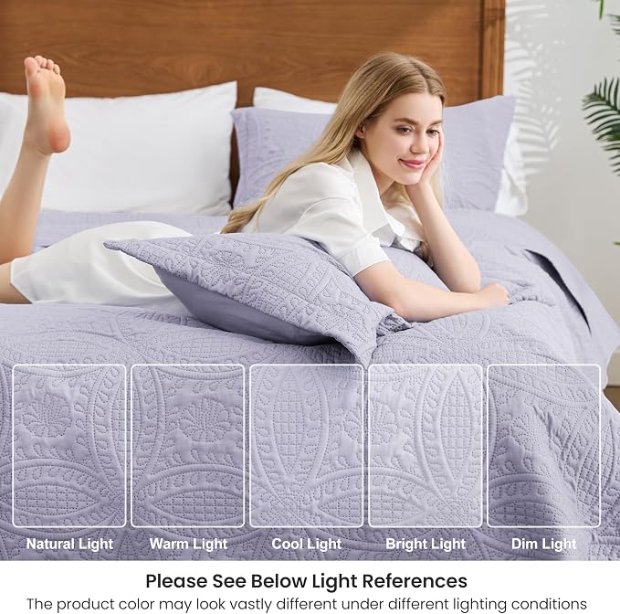 Love's cabin Oversized King Size Quilt Bedding Set Lavender Bedspreads - Oversized King Lightweight Bedspread Comforter - Coin Pattern Coverlet for All Season - 3 Pieces (1 Quilt, 2 Pillow Shams)