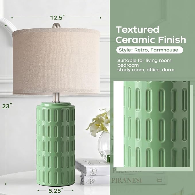 23" Farmhouse Modern Ceramic Table Lamp Set of 2 - Sage Green Bedside Lamps for Bedroom & Living Room, Nightstand, Desk, End Table
