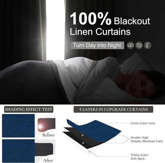 Navy Blue Blackout Curtains 102 Inch Length for Boys Rooms/Bedroom, Floor to Ceiling Track Pleated Drapes with Hooks Linen Thermal Coastal Curtain Dark Blue Window Burg 50"Wx102"Lx2Panels Back Tab