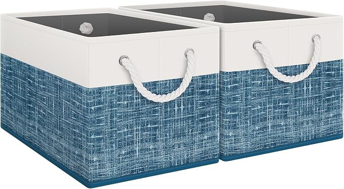 Storage Bins 2-Pack, Foldable Storage Baskets for Organizing Toys, Books, Shelves, Closet, Large Storage Box with Rope Handles, Sturdy Organizer Bins, White & Blue