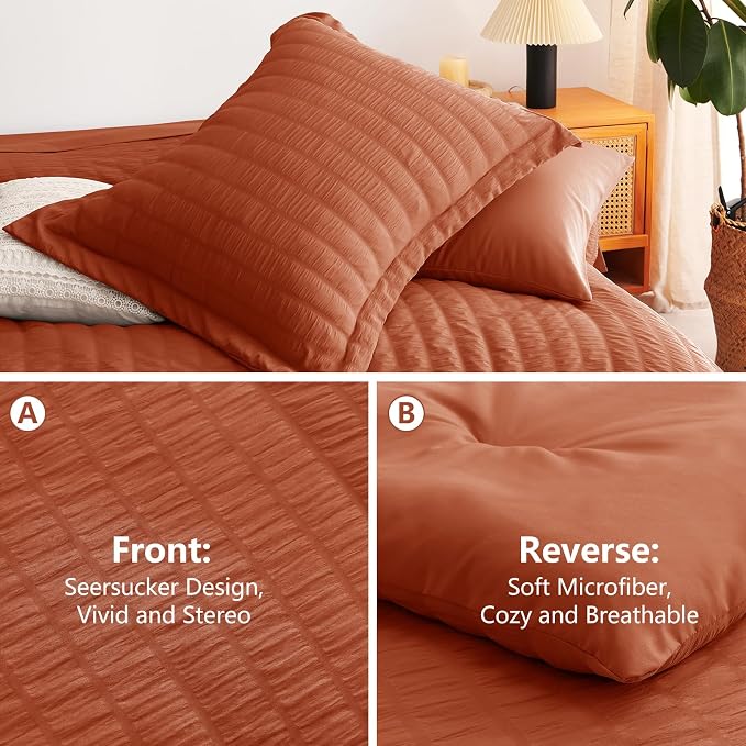 Twin XL Comforter Set 5 Pieces Burnt Orange Seersucker Bed in a Bag | OEKO-TEX Certified, College Dorm Twin Extra Long, 240 GSM Down Alternative Comforter, Flat & Fitted Sheets, Pillowcase & Sham