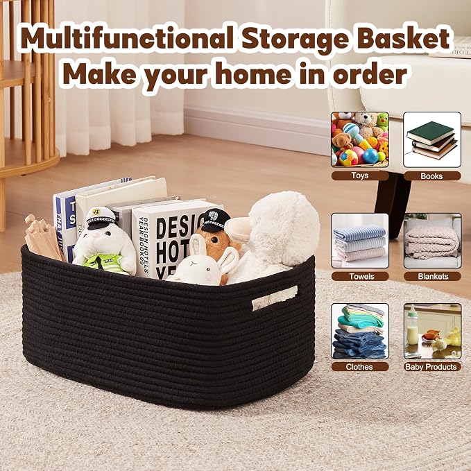 OIAHOMY Storage Basket for Shelves, Closet Cube Storage Bins Baskets for Clothes Blanket Towels, Baby Nursery, Toy Baskets Box, Woven Rope Basket, 15.75 * 11.81 * 7.09 IN, 2 Packs Black