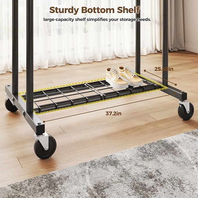 HYSEYY Heavy Duty Clothes Rack, Rolling Clothing Rack for Hanging Clothes with Shelves Load 700LBS,Portable Garment Wardrobe Closet Rack with Wheels for Bedroom,Laundry Room,Retail Store,Black