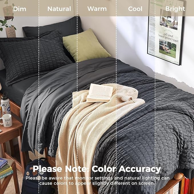 HYMOKEGE Twin XL Comforter Set Seersucker 5 Pieces, All Season Luxury Bed in a Bag for Bedroom, Bedding Set with Comforter, Sheet, Pillowcase & Sham, Dark Grey