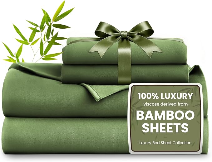 Love's cabin 4 Piece Full Size Sheet Set, 100% Rayon Derived from Bamboo, Cooling & Breathable, Soft Silky Deep Pocket up to 16", Hotel Luxury Bedding for Hot Sleepers, Olive Green