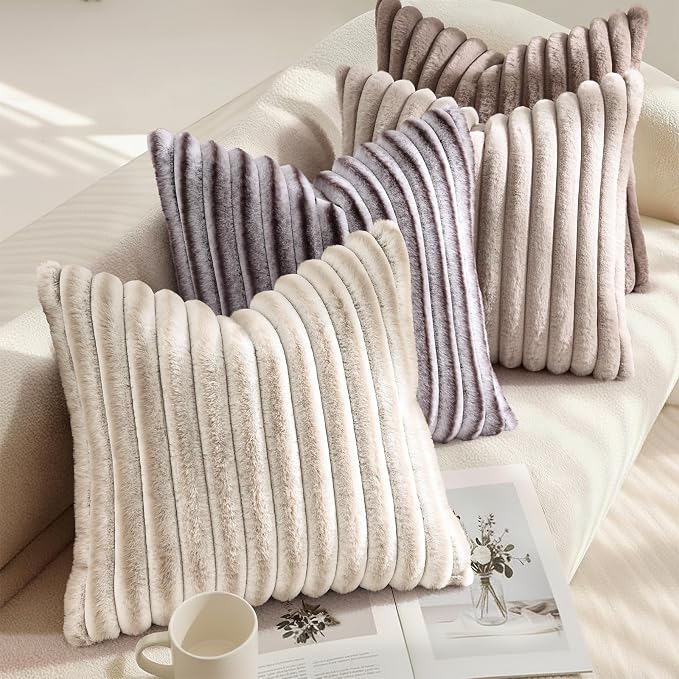 decorUhome Fall Faux Fur Throw Pillow Covers 22x22 Set of 2 Tan | Decorative Soft Cozy Striped Plush Modern Farmhouse Boho Couch Pillow Cases Velvet Back for Sofa Bed Living Room Home Decor