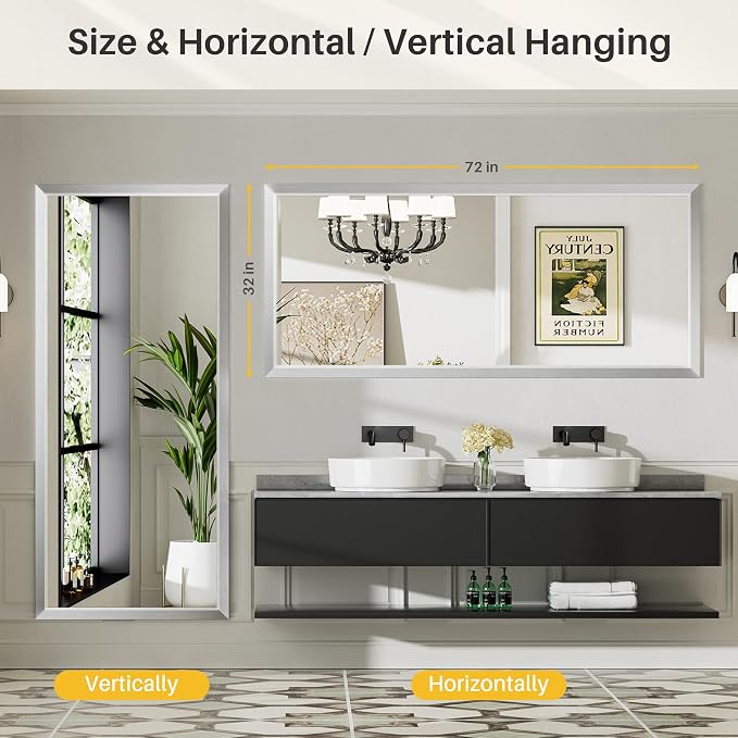 Bathroom Wall Mirror, Silver Brushed Nickel Metal Frame, 72x32 Inch | Anti-rust, HD tempered glass, for bathroom vanity, bedroom, living room, horizontal or vertical mount