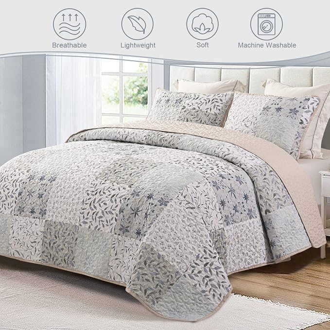 Exclusivo Mezcla Reversible Boho Quilts Queen Size Gray | Lightweight Soft Bedspreads, All Season Patchwork Coverlet Bedding Set, Printed Floral Pattern, 1 Quilt and 2 Pillow Shams