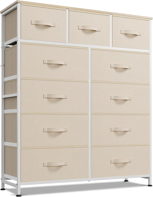 WLIVE Tall Dresser for Bedroom, 11 Drawer Chest of Drawers, Cream White | 11 fabric storage drawers, Tall high-capacity design, Bedroom or dorm use, Sturdy steel frame, Smooth wood tabletop