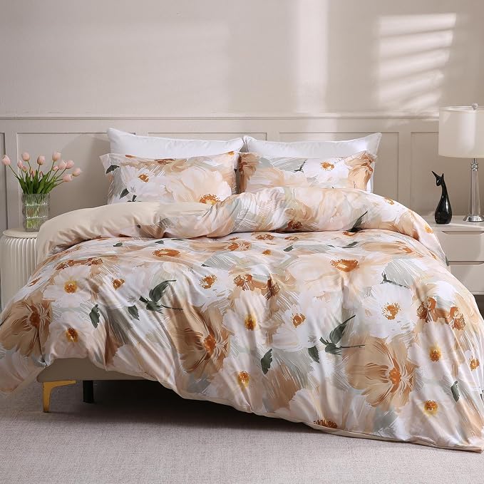 LONAVA King Flower 3 Pcs Duvet Cover Set, Breathable Soft Microfiber Biege Lining Comforter Cover with Zipper Closure, and 2 Anti-Pilling, Fade Resistant Pillowcases, Golden Flower